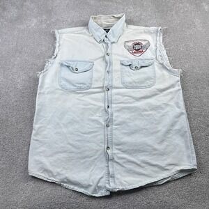 Biker‎ Design Shirt Mens XL Blue Denim Laconia Bike Week 2008 Logo Cut Off Faded